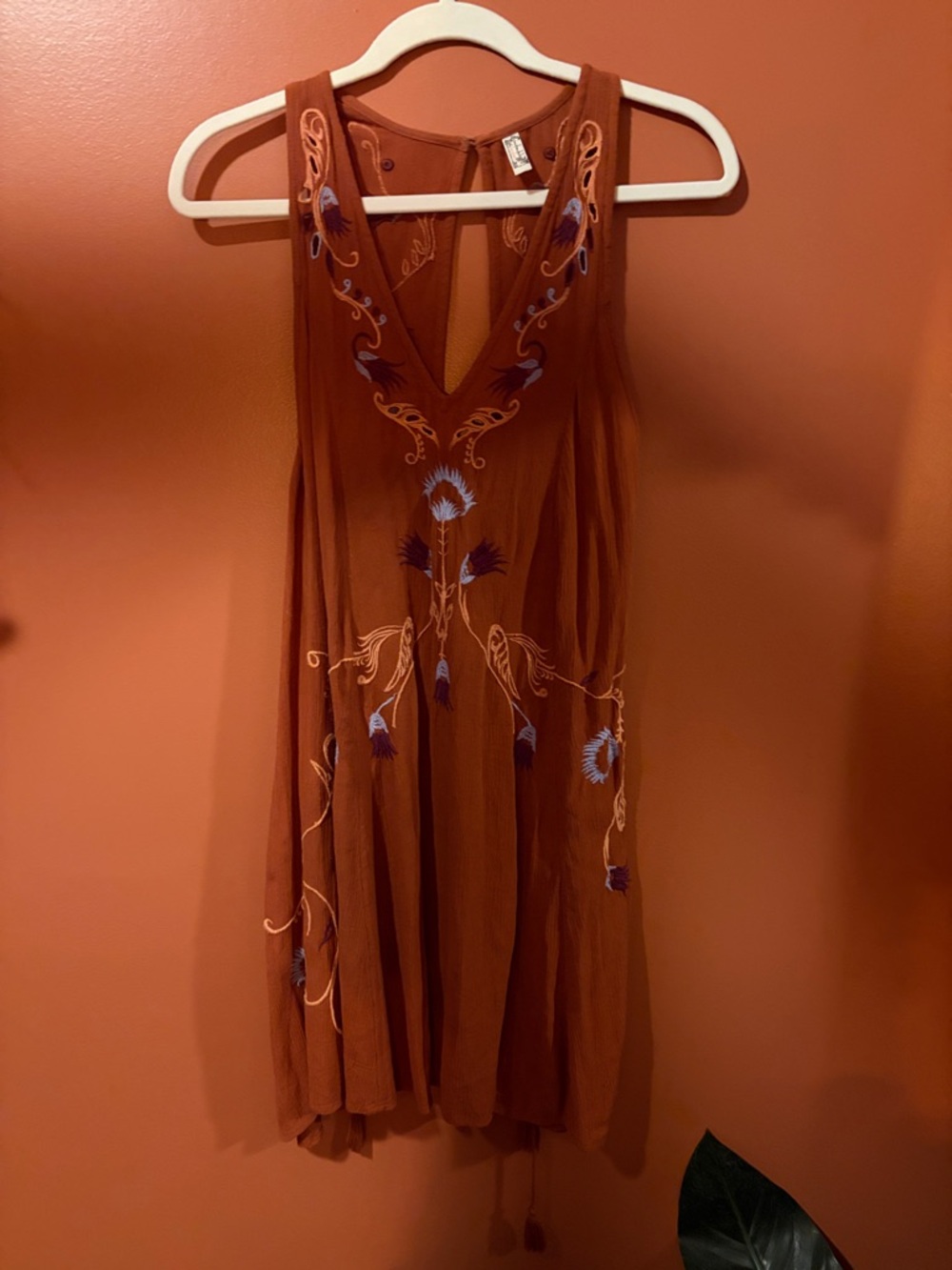 Free People Rust Embroidered V-Neck Mini Dress